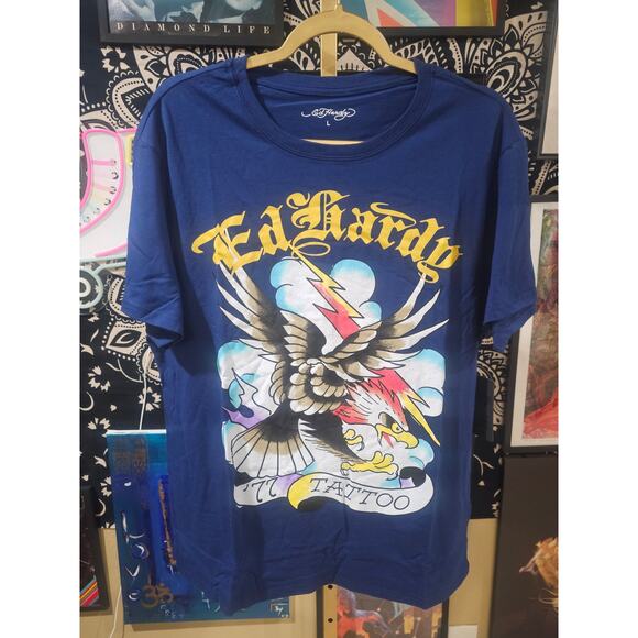 NWT Ed Hardy Lightning Eagle Tattoo Deadstock Streetwear Tee Navy Large - Picture 1 of 8